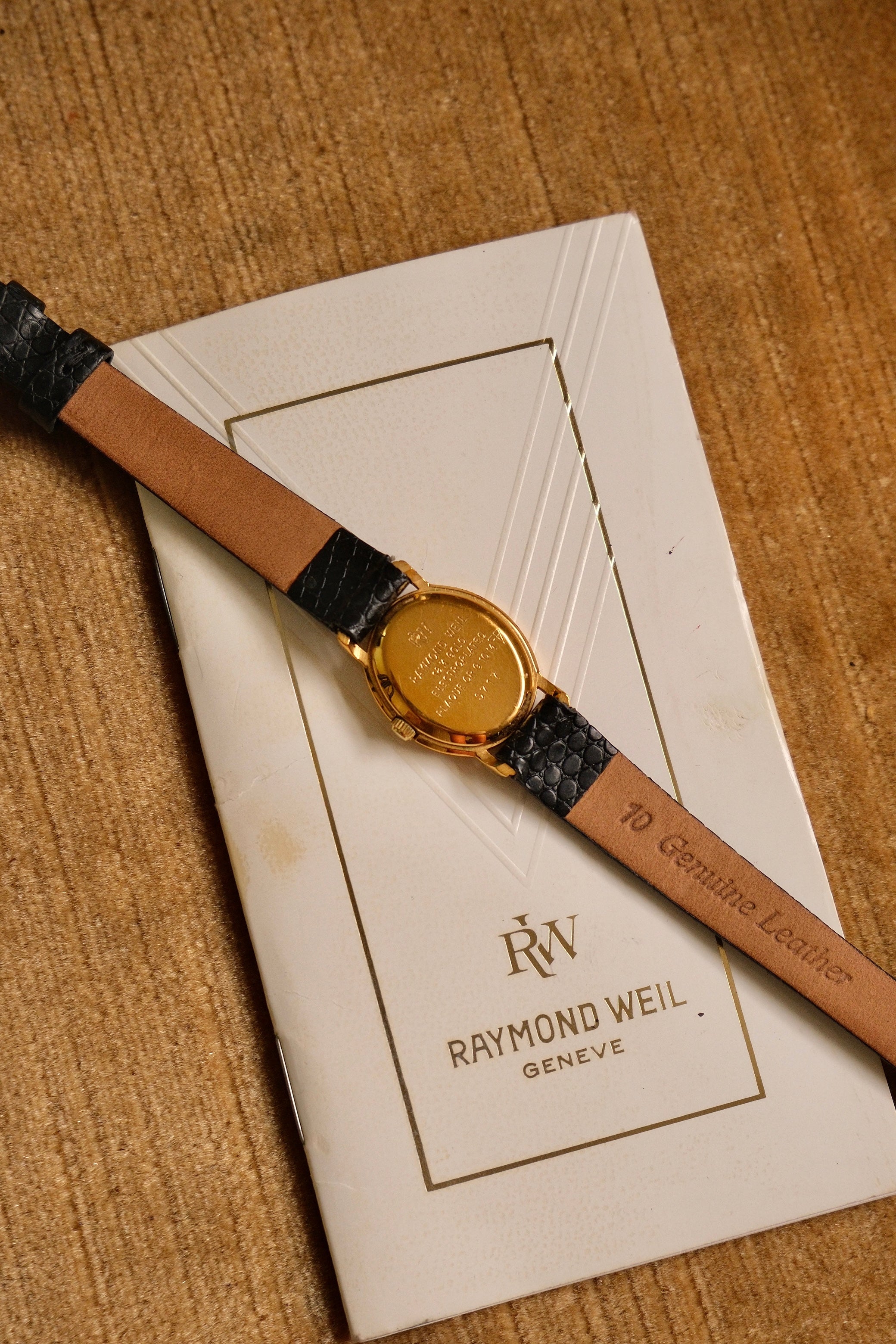 Rare Petite Vintage Ladies Raymond Weil Genève Tri Gold Watch 1987 Swiss Quartz Ladies Black Leather Strap with Papers