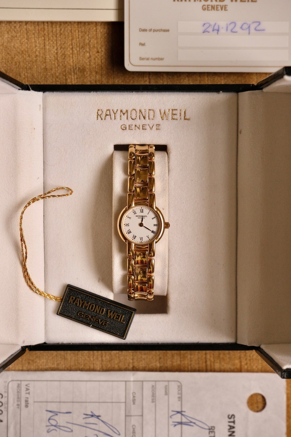 1992 Ladies Gold Raymond Weil Geneva Watch Roman Numerals with Box and Papers