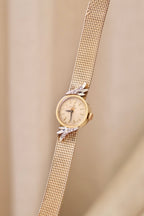 1950s Vintage Omega Ladies Cocktail Watch 10K Gold Filled Mesh Bracelet Diamond Leaf Lugs Champagne Dial Manual Wind Watch