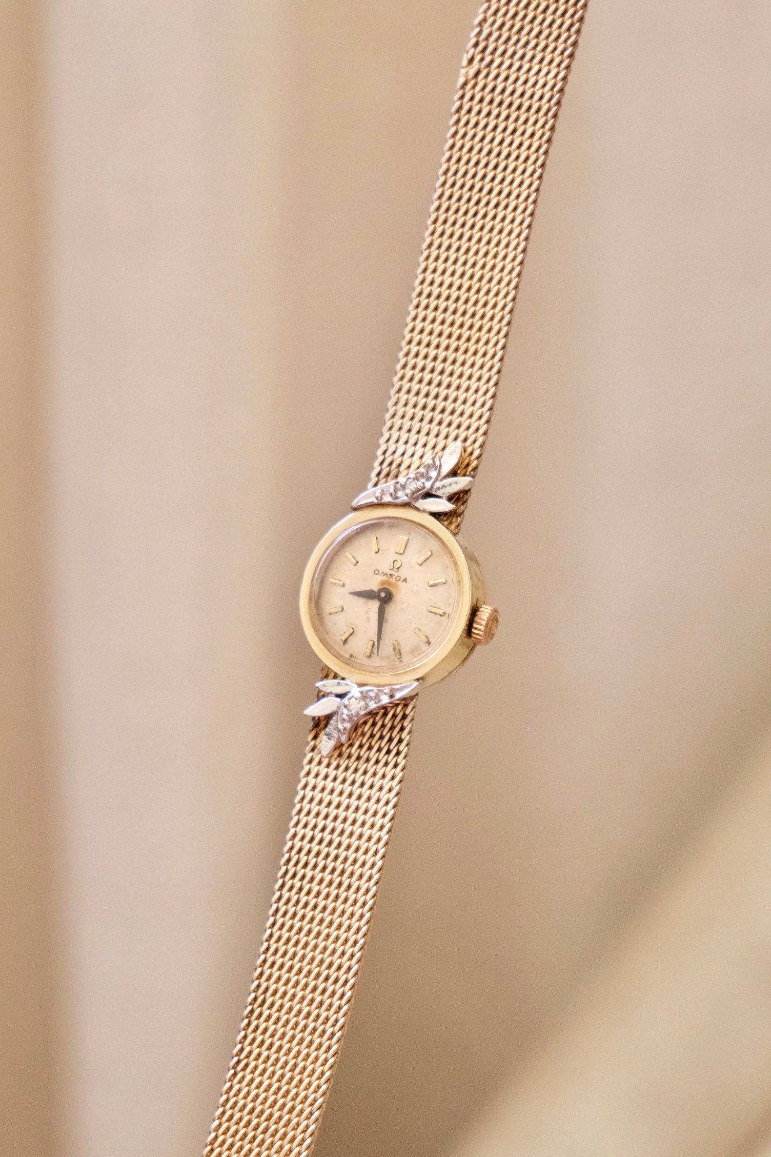 1950s Vintage Omega Ladies Cocktail Watch 10K Gold Filled Mesh Bracelet Diamond Leaf Lugs Champagne Dial Manual Wind Watch