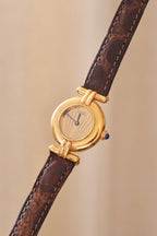 Vintage Ladies 1993 Cartier Must de Cartier Vermeil Watch Gold Plated Ladies Watch, Brown Leather Strap, Luxury Timepiece Box & Papers