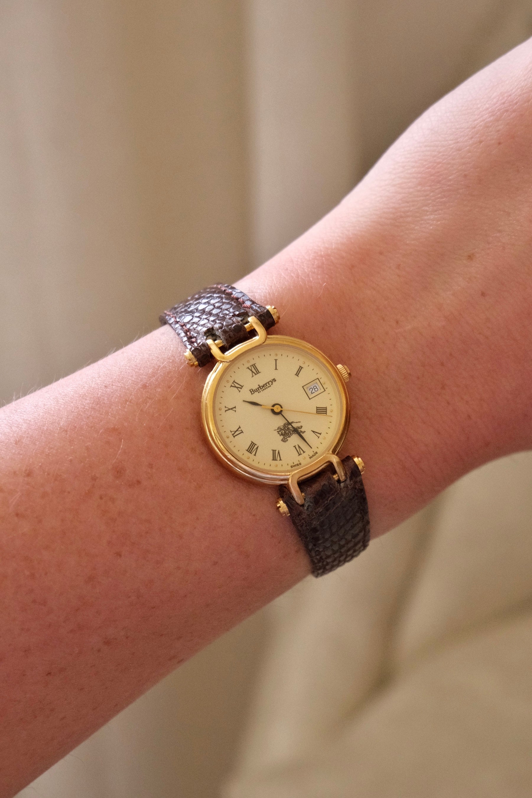 1994 Ladies Burberrys Gold Tone Round Watch with Date Brown Lizard Strap