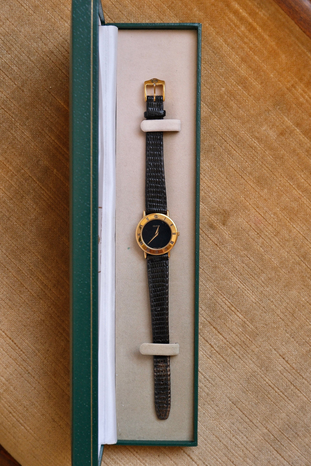 90s Ladies Gold-Plated Gucci 3000L Quartz Watch with Black Leather Strap in Box