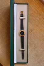 90s Ladies Gold-Plated Gucci 3000L Quartz Watch with Black Leather Strap in Box