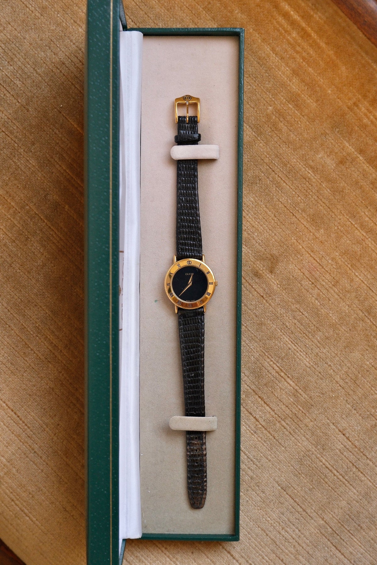 90s Ladies Gold-Plated Gucci 3000L Quartz Watch with Black Leather Strap in Box