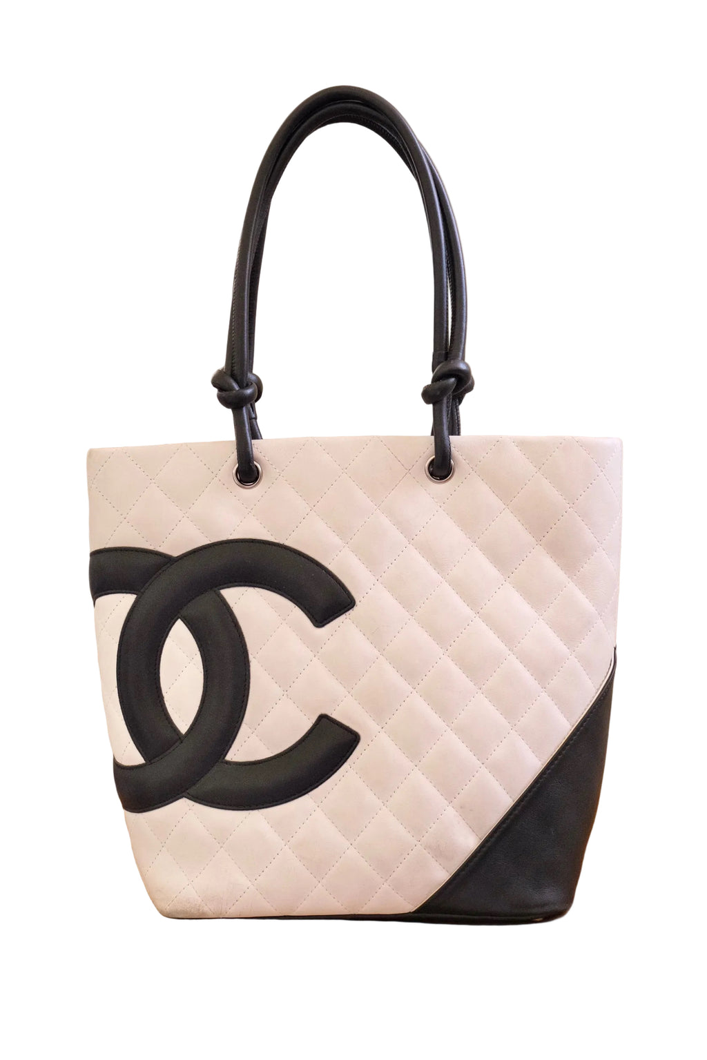 Authentic 2004 Chanel Cambon Tote Bag White Black Quilted Leather Shoulder Bag