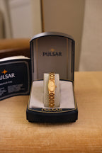Rare 90s Ladies Gold Pulsar Slim and Petite Watch in Box