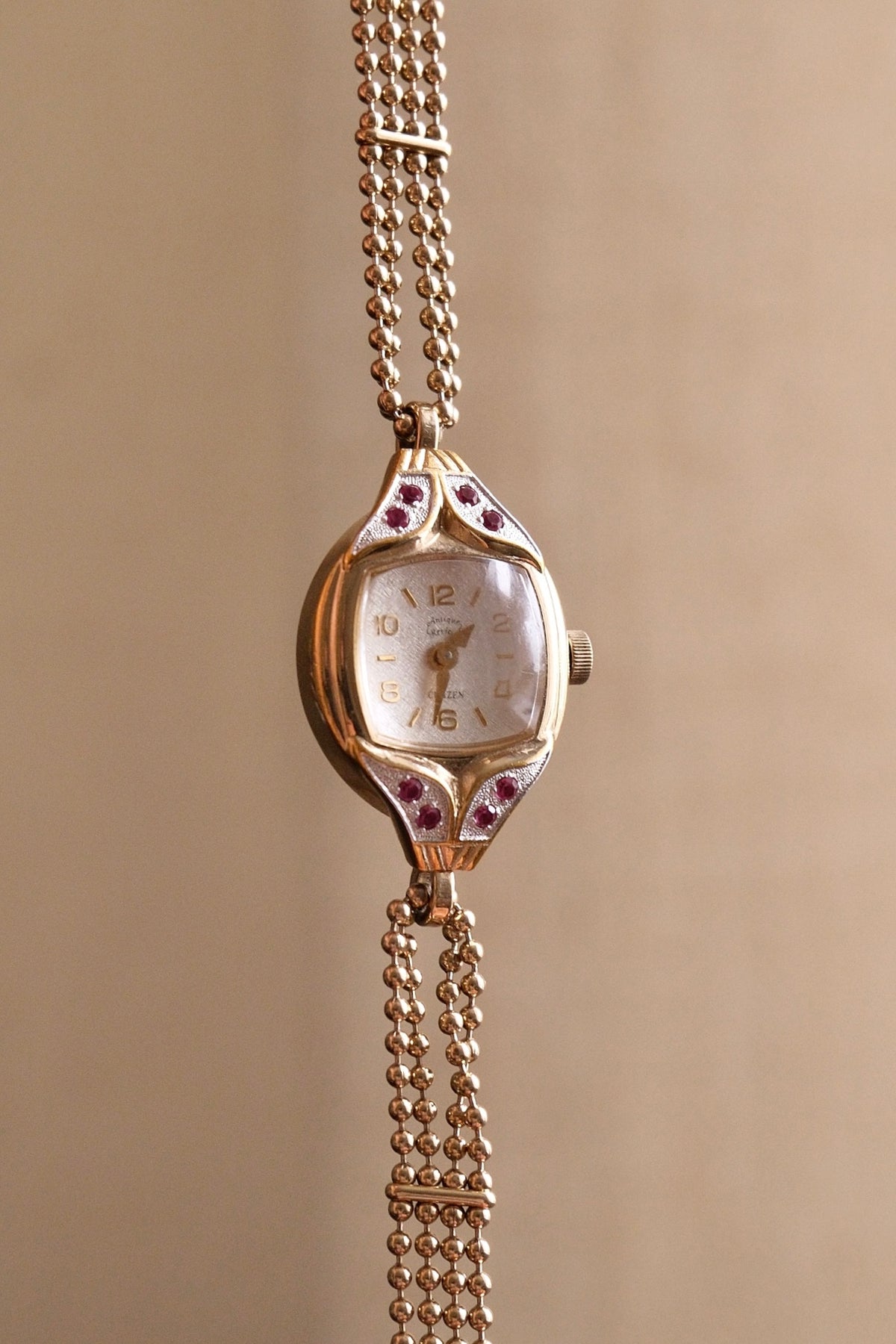 Rare and Unique 1980s Citizen Ladies Pendant Watch Ruby Accent Gold Beaded Chain