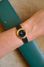 90s Ladies Gold-Plated Gucci 3000L Quartz Watch with Black Leather Strap in Box