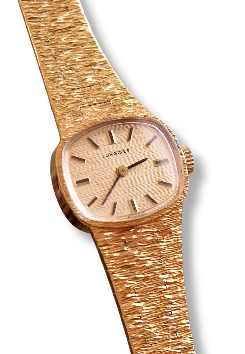 1970s Vintage Ladies Longines Gold Cocktail Watch, Textured Bark Bracelet Swiss Mechanical