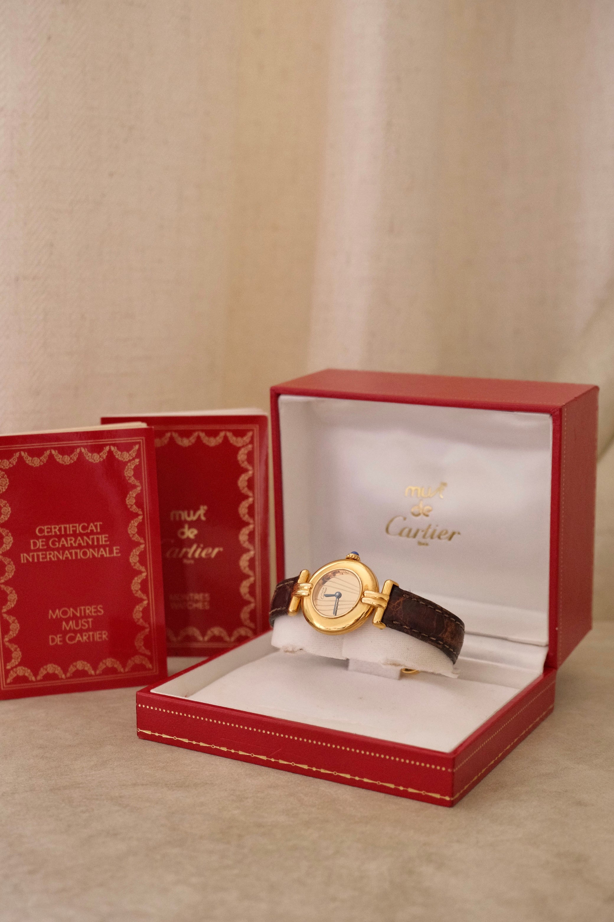 Vintage Ladies 1993 Cartier Must de Cartier Vermeil Watch Gold Plated Ladies Watch, Brown Leather Strap, Luxury Timepiece Box & Papers