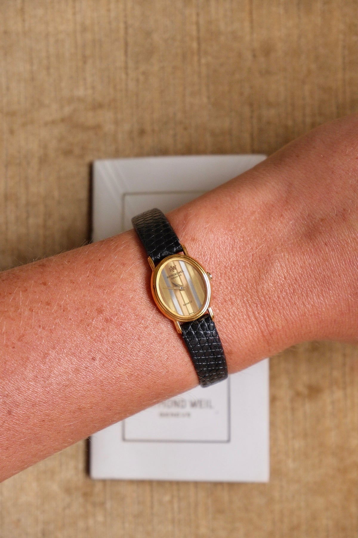 Rare Petite Vintage Ladies Raymond Weil Genève Tri Gold Watch 1987 Swiss Quartz Ladies Black Leather Strap with Papers