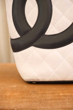 Authentic 2004 Chanel Cambon Tote Bag White Black Quilted Leather Shoulder Bag