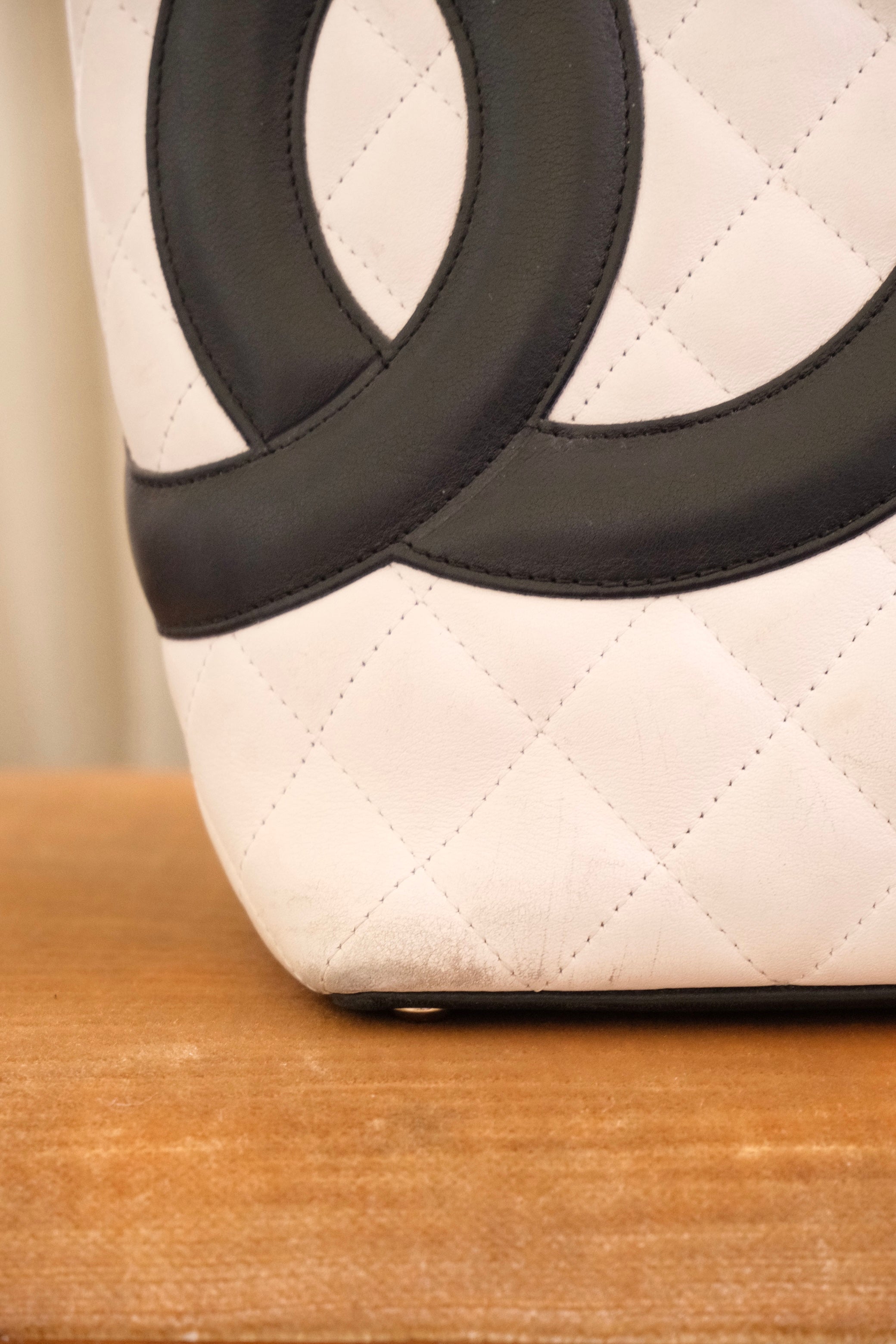 Authentic 2004 Chanel Cambon Tote Bag White Black Quilted Leather Shoulder Bag