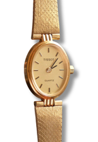 Vintage 1980s Tissot Ladies Gold Oval Watch - Swiss Quartz Cocktail Dress Wristwatch with Integrated Mesh Pattern Mesh Bracelet
