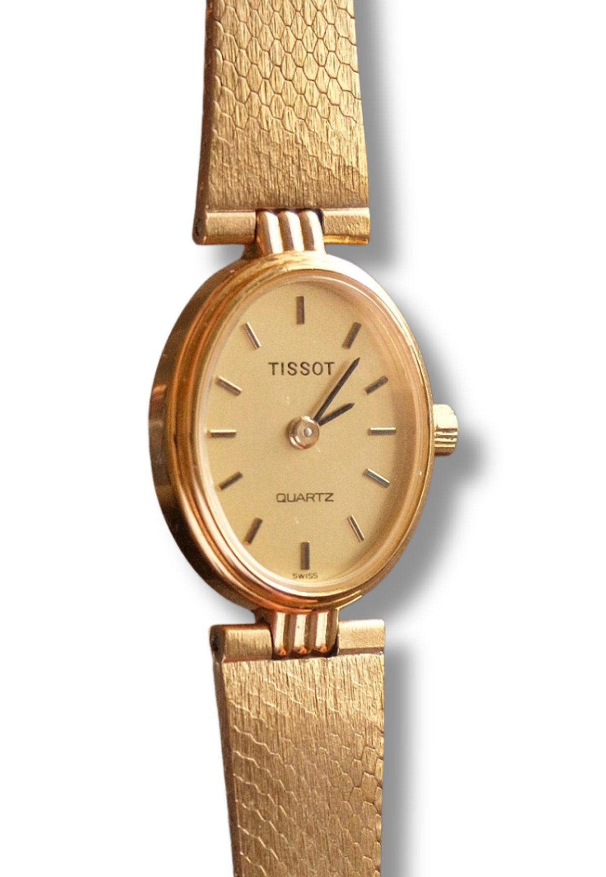 Vintage 1980s Tissot Ladies Gold Oval Watch - Swiss Quartz Cocktail Dress Wristwatch with Integrated Mesh Pattern Mesh Bracelet