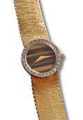 Vintage 1970s Jean Perret Genève Ladies Watch Tiger’s Eye Dial & Diamond Accent Bezel Swiss Gold Mesh Cocktail Watch