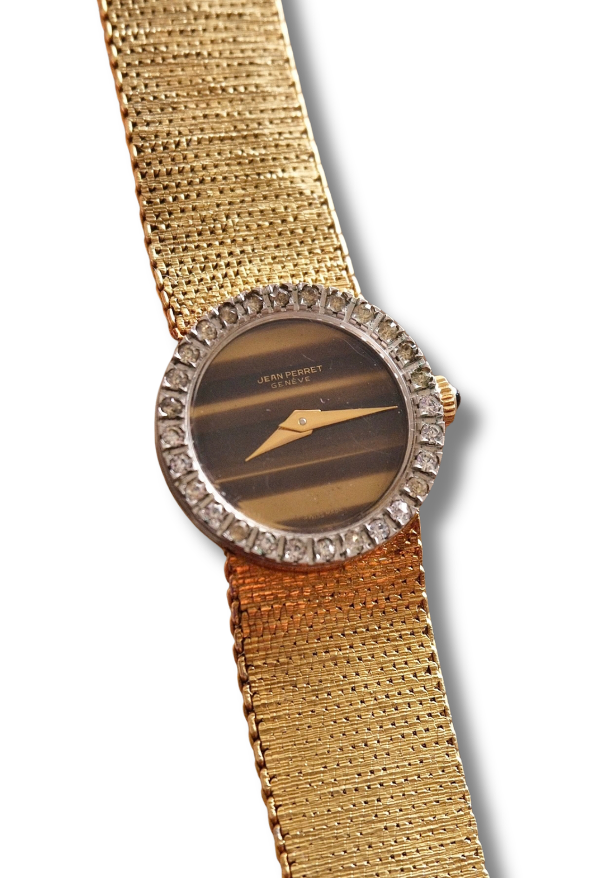 Vintage 1970s Jean Perret Genève Ladies Watch Tiger’s Eye Dial & Diamond Accent Bezel Swiss Gold Mesh Cocktail Watch