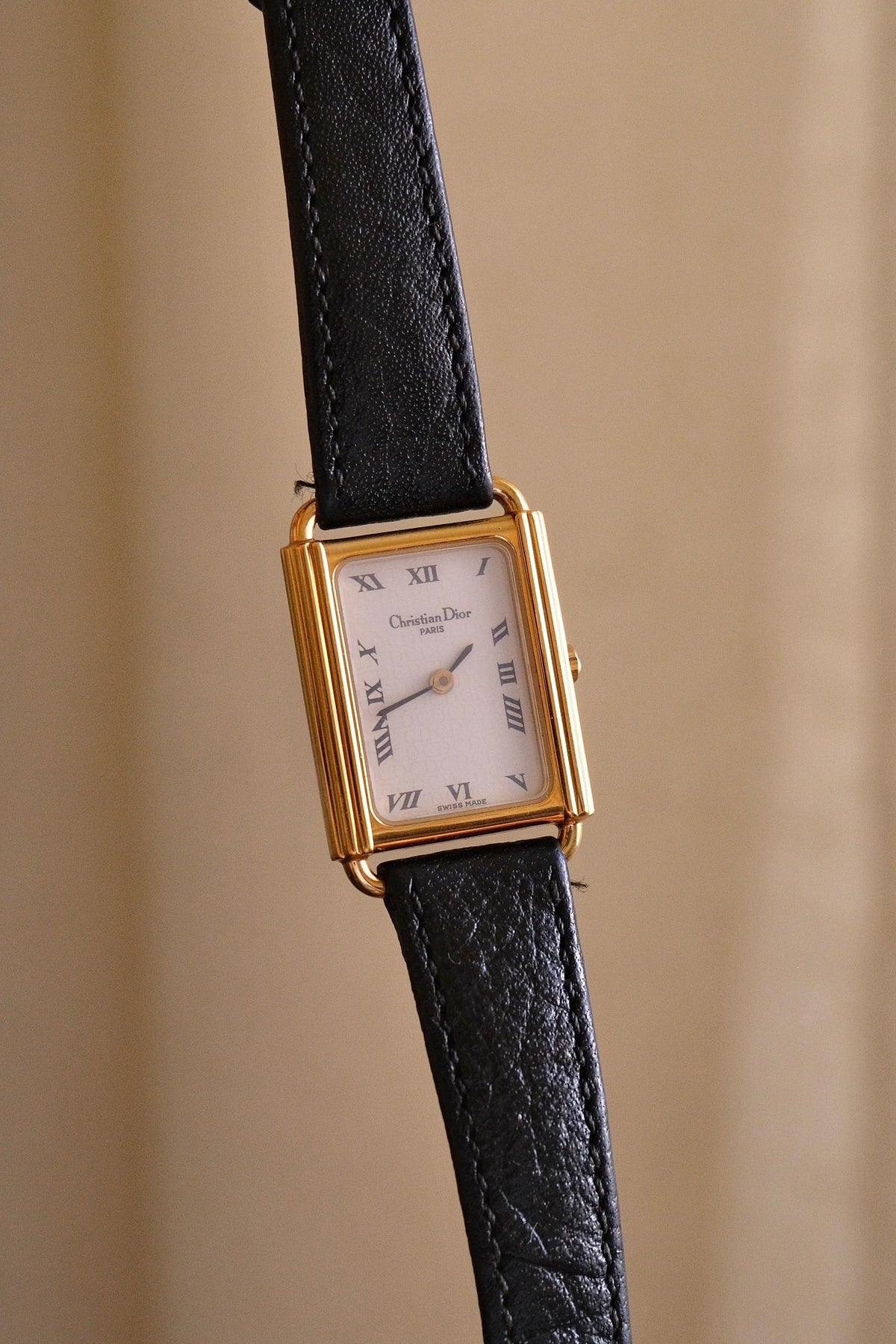 Rare ladies' Christian Dior 90s watch with tank-style rectangular dial, and black leather strap