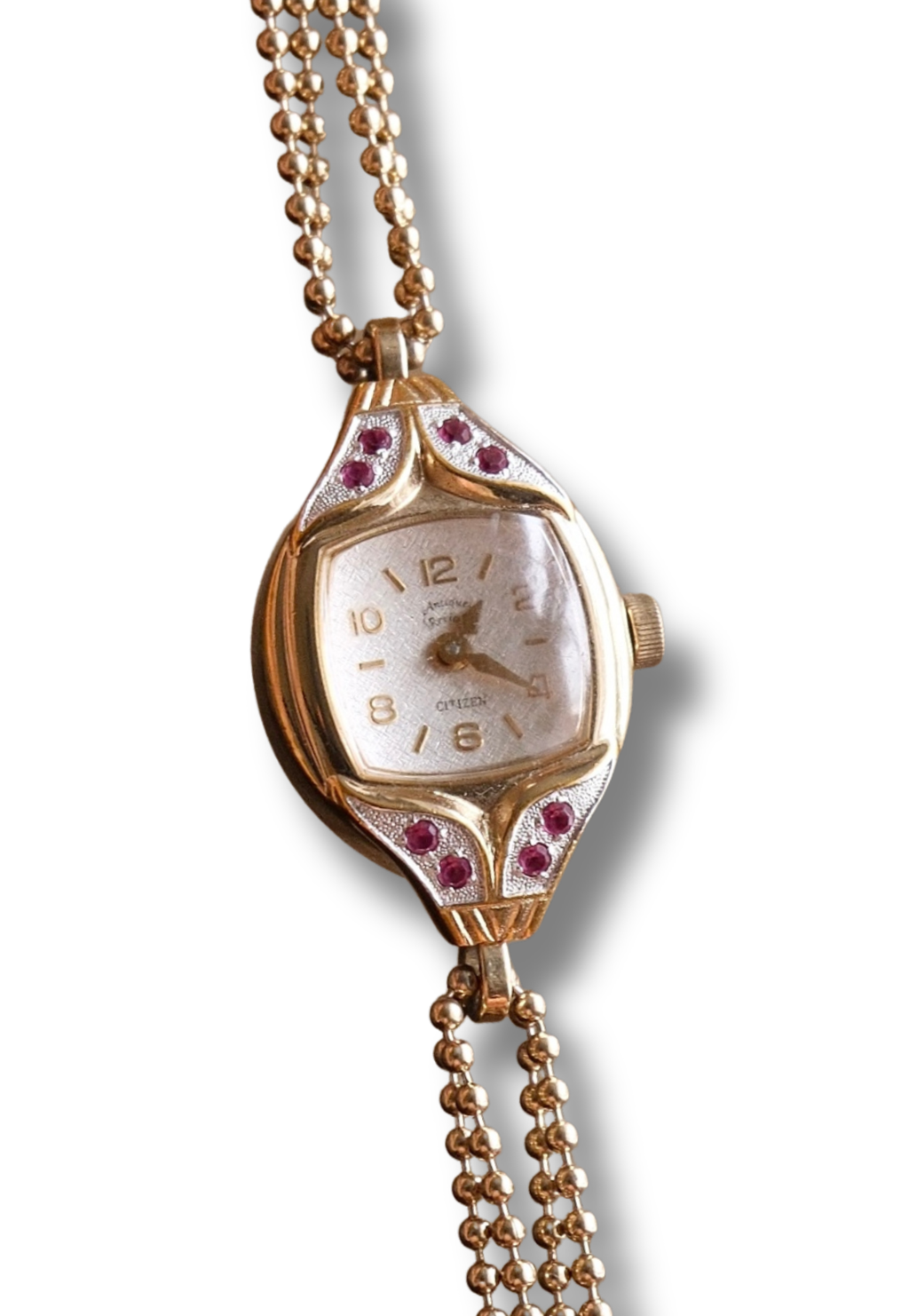 Rare and Unique 1980s Citizen Ladies Pendant Watch Ruby Accent Gold Beaded Chain