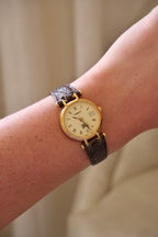 1994 Ladies Burberrys Gold Tone Round Watch with Date Brown Lizard Strap