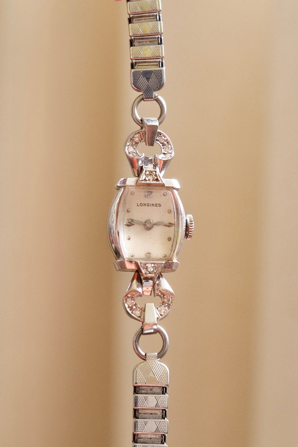 Rare Vintage Longines 14K White Gold Diamond Ladies Watch – Art Deco Style 1950s Swiss 17 Jewel Manual Wind Wristwatch