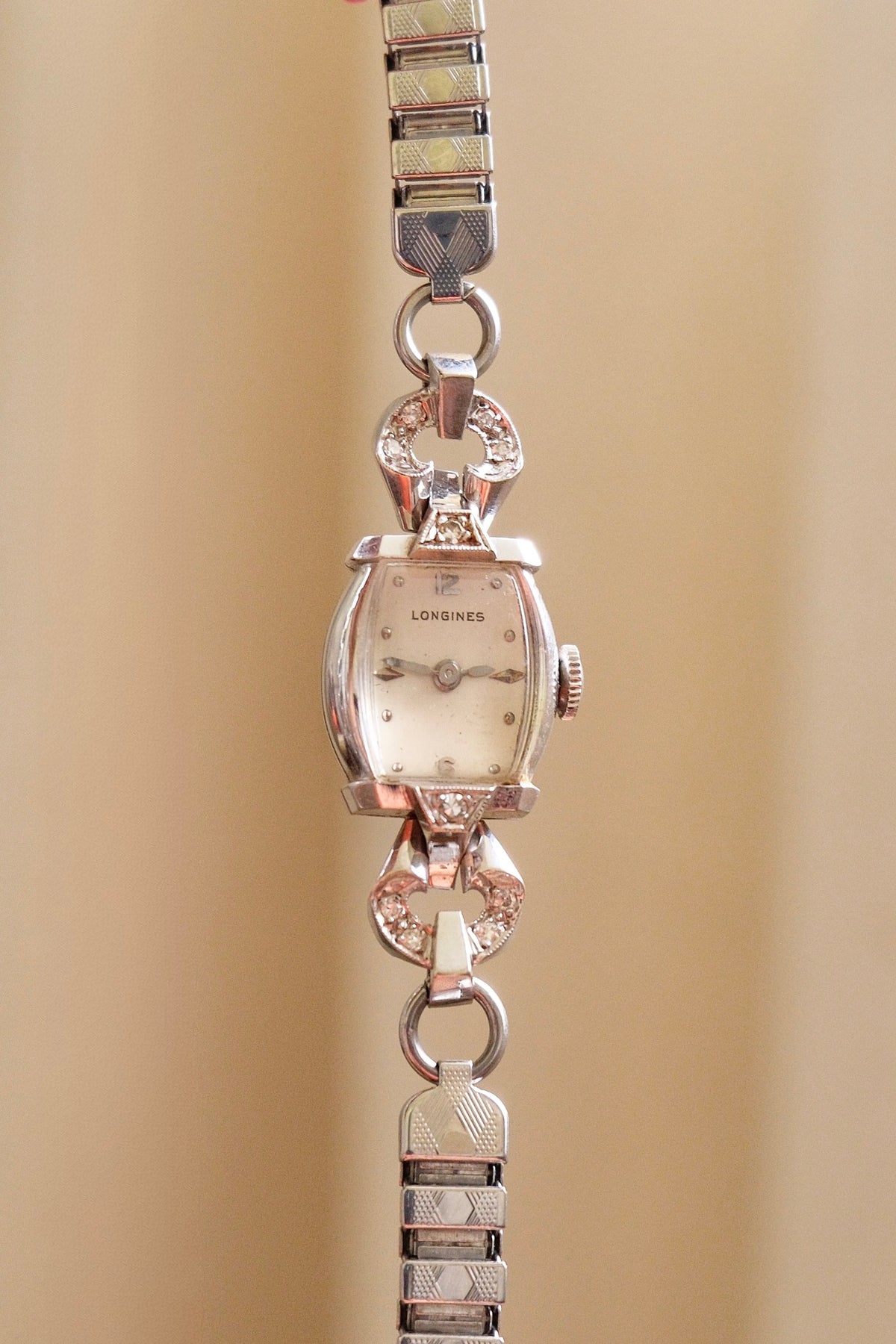 Rare Vintage Longines 14K White Gold Diamond Ladies Watch – Art Deco Style 1950s Swiss 17 Jewel Manual Wind Wristwatch