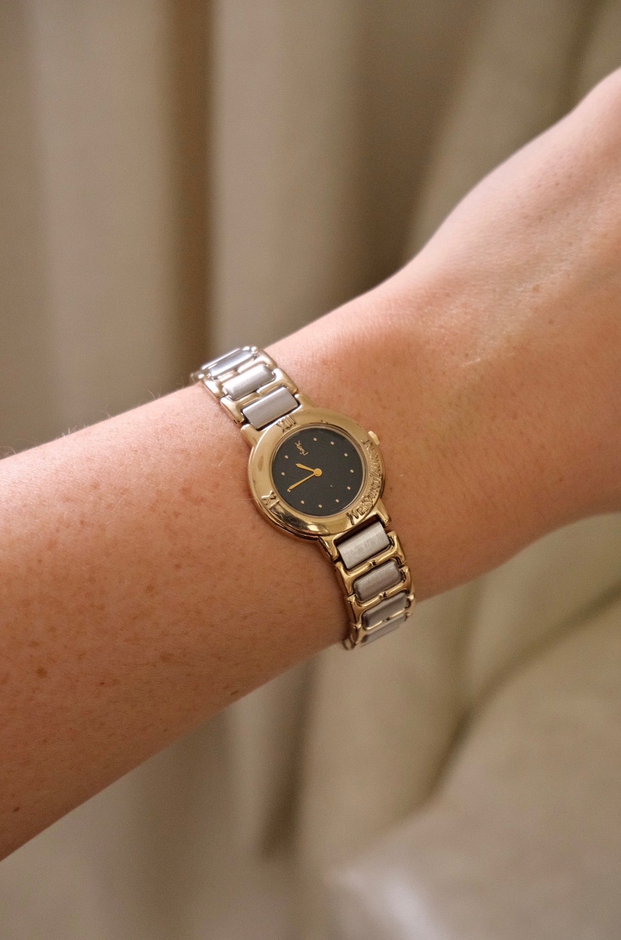 Vintage YSL Ladies Dual Tone Black Dial Watch Working
