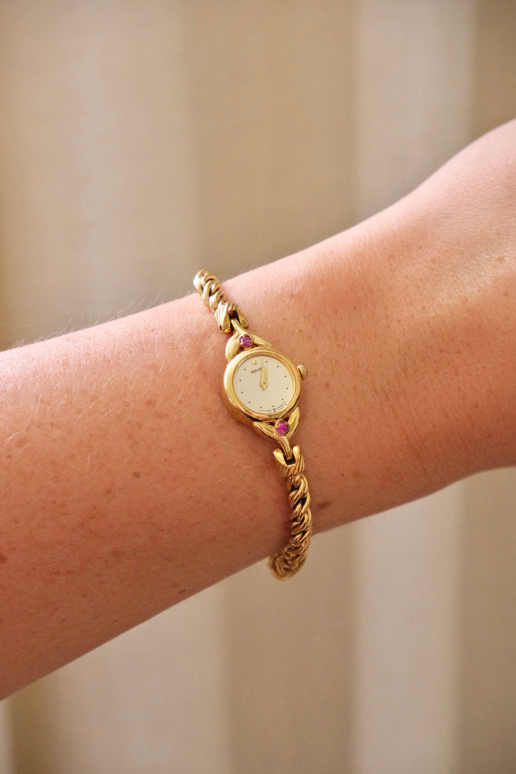 Vintage Seiko Gold Plated Quartz Watch - Rubies, Twisted Chain Bracelet