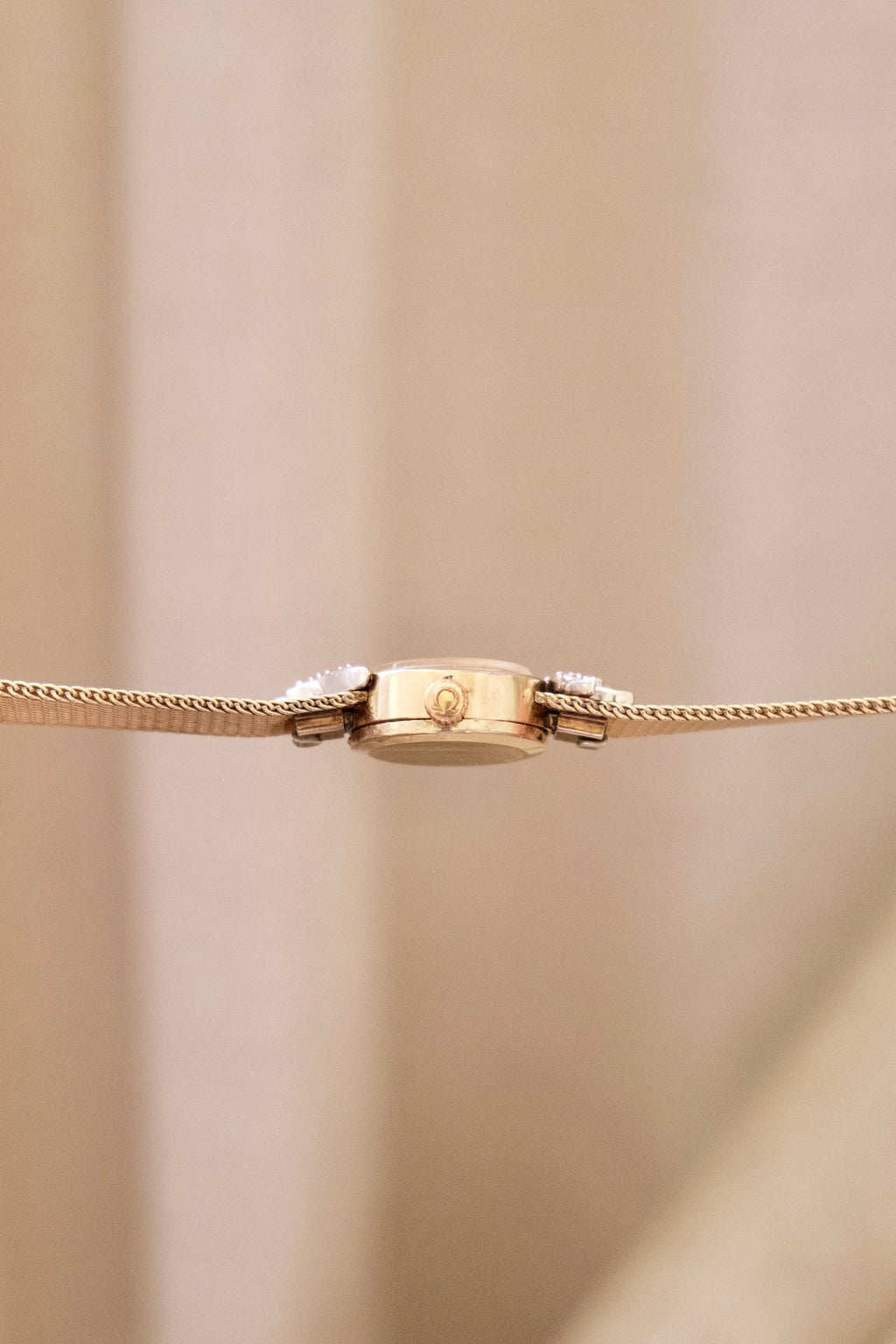 1950s Vintage Omega Ladies Cocktail Watch 10K Gold Filled Mesh Bracelet Diamond Leaf Lugs Champagne Dial Manual Wind Watch