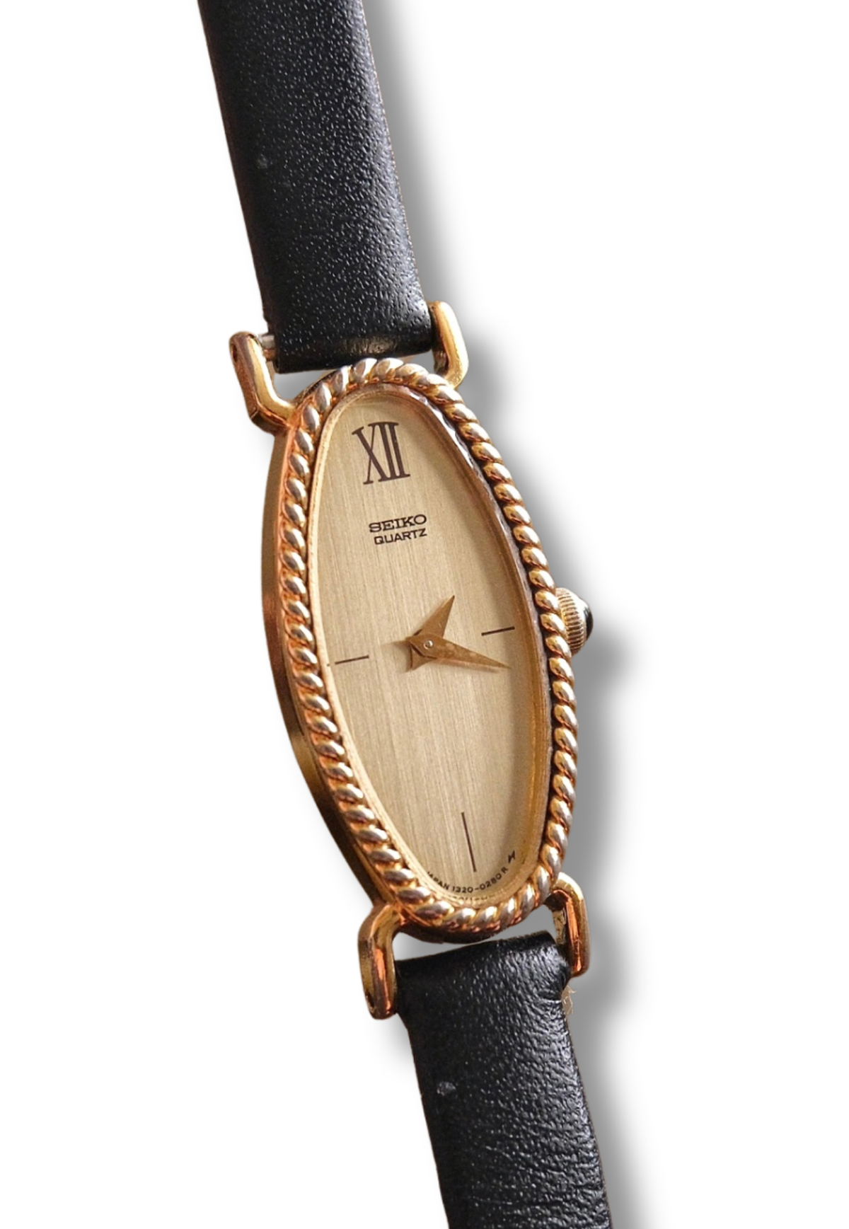 Vintage 1980s Ladies' Gold-Plated Seiko Quartz Watch - Oval Champagne Dial Leather Strap