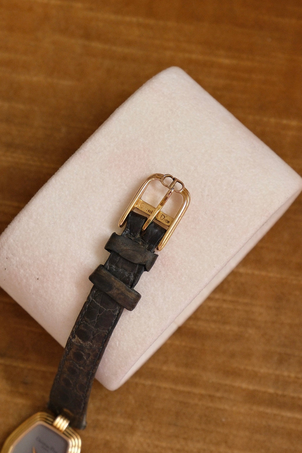 90s Christian Dior Paris Vintage Watch Hexagon Gold Plated Case Grey Dial Swiss Luxury Quartz Wristwatch with Black Leather Strap