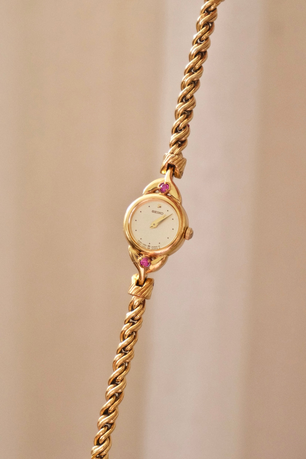 Vintage Seiko Gold Plated Quartz Watch - Rubies, Twisted Chain Bracelet