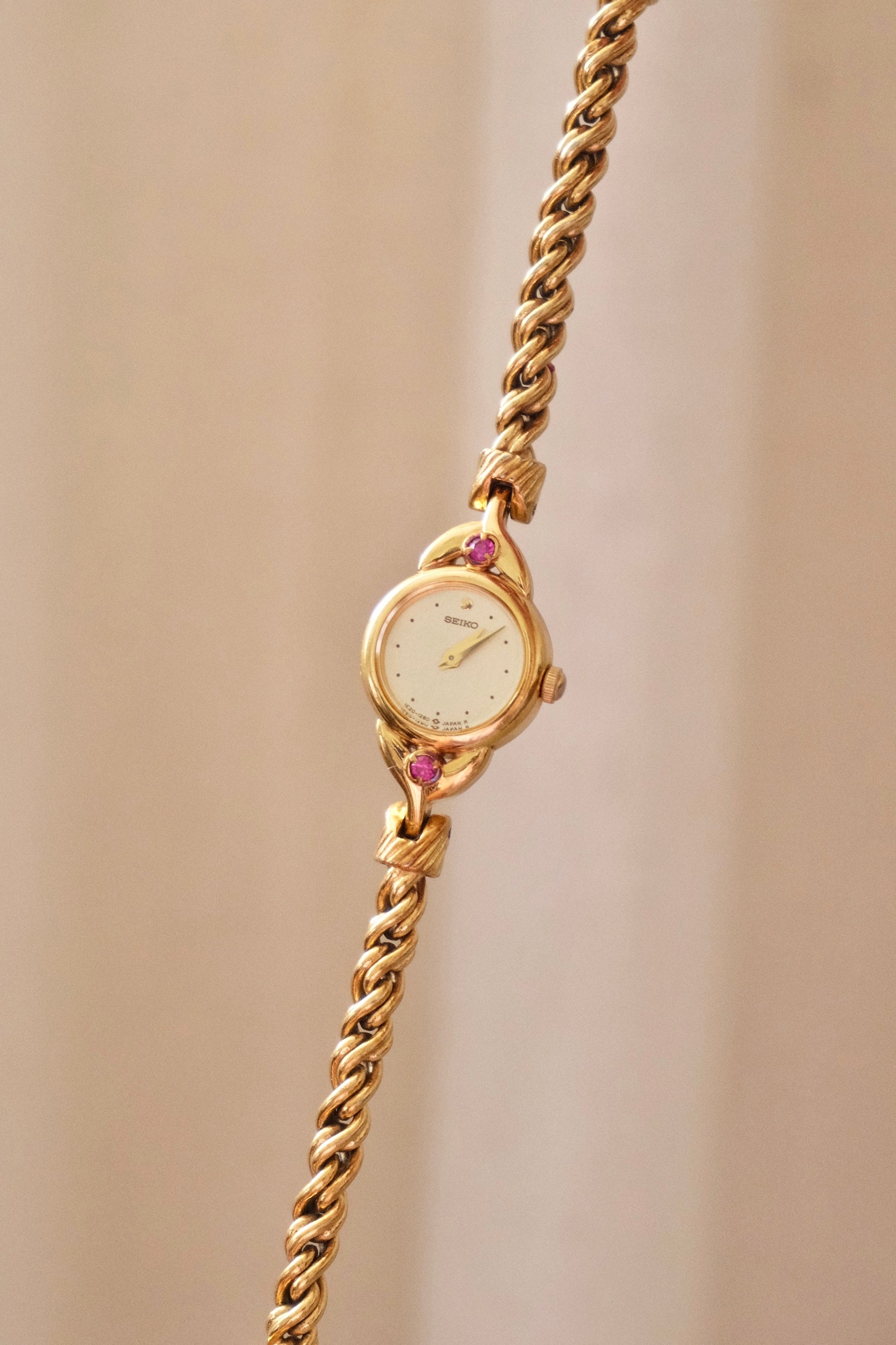 Vintage Seiko Gold Plated Quartz Watch - Rubies, Twisted Chain Bracelet