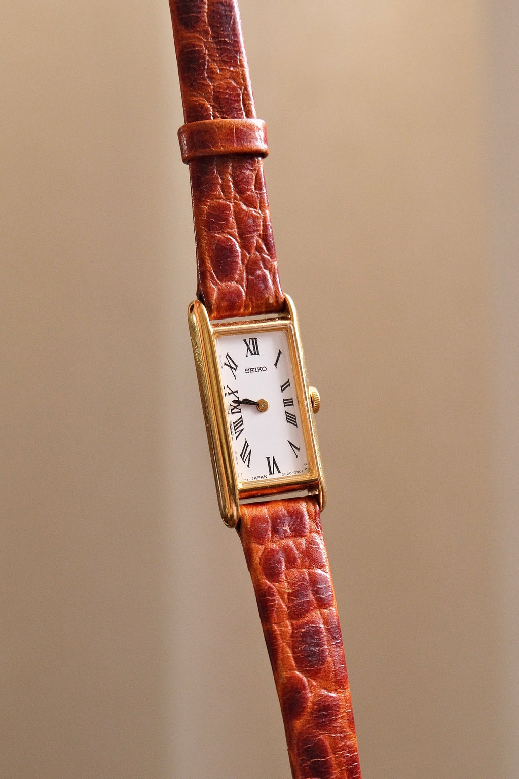 Rare 90s Slim & Petite Gold Tank Style Seiko Watch Roman Numerals on Leather Strap Working