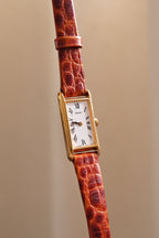 Rare 90s Slim & Petite Gold Tank Style Seiko Watch Roman Numerals on Leather Strap Working