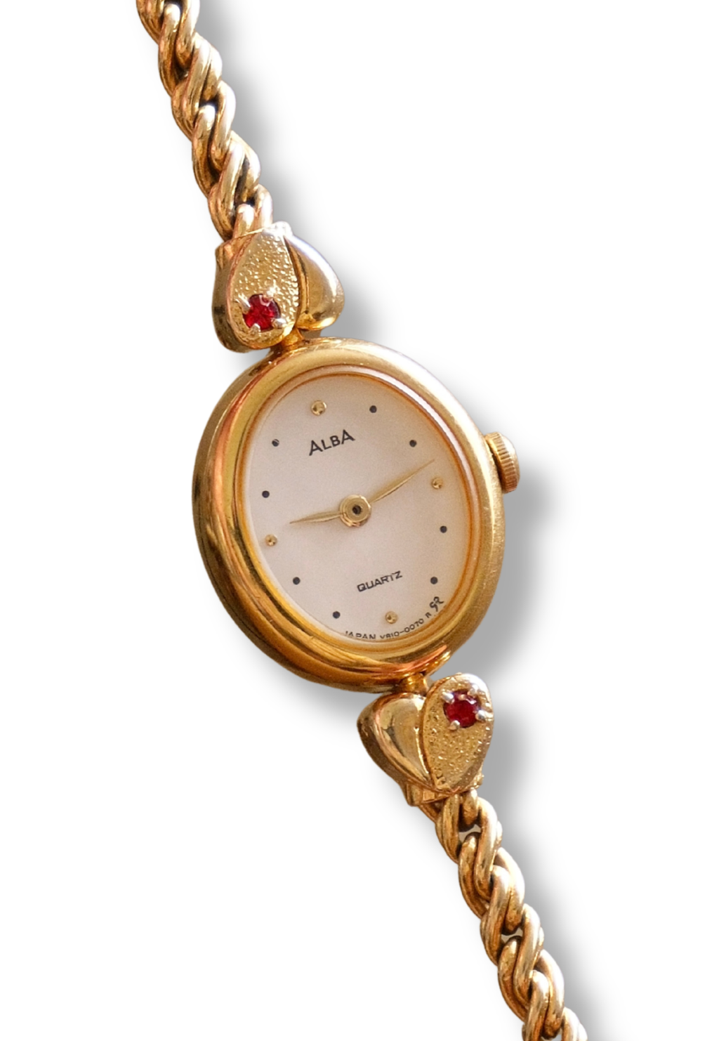 Vintage 1999 Seiko Alba V810 5020 Ladies Gold Tone Quartz Watch Ruby Red Stones Heart Bracelet Japan