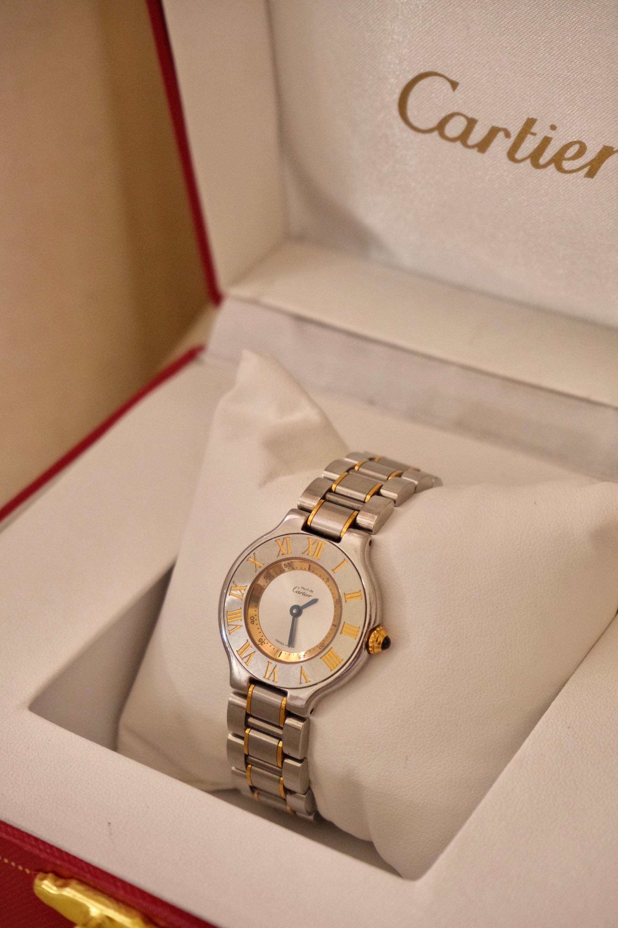 Vintage Cartier Must 21 Watch Women's Two Tone Steel Gold Roman Dial Swiss Made Circa
1990s in Box