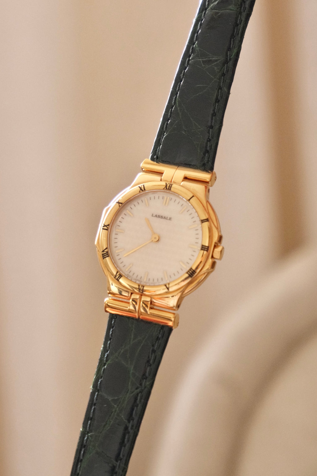 Vintage Seiko Lassale Ladies Watch, Gold Plated 1980s Ultra Thin Dress Watch Roman Numeral Bezel, Green Leather Strap