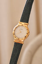 Vintage Seiko Lassale Ladies Watch, Gold Plated 1980s Ultra Thin Dress Watch Roman Numeral Bezel, Green Leather Strap