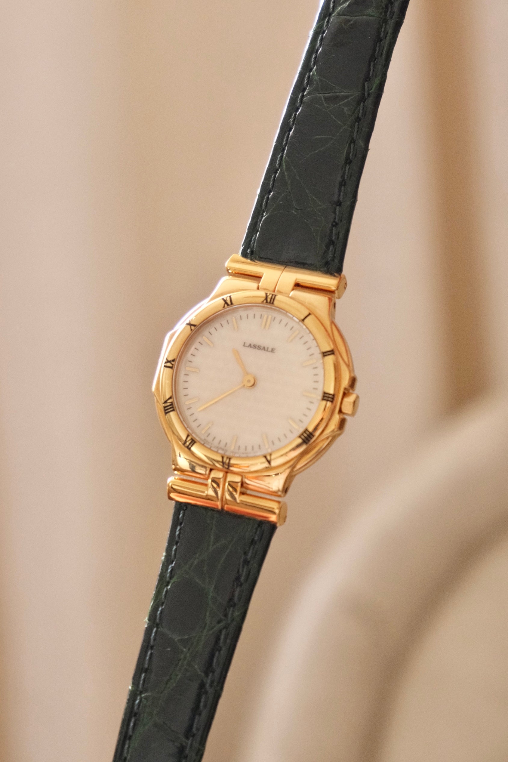 Vintage Seiko Lassale Ladies Watch, Gold Plated 1980s Ultra Thin Dress Watch Roman Numeral Bezel, Green Leather Strap