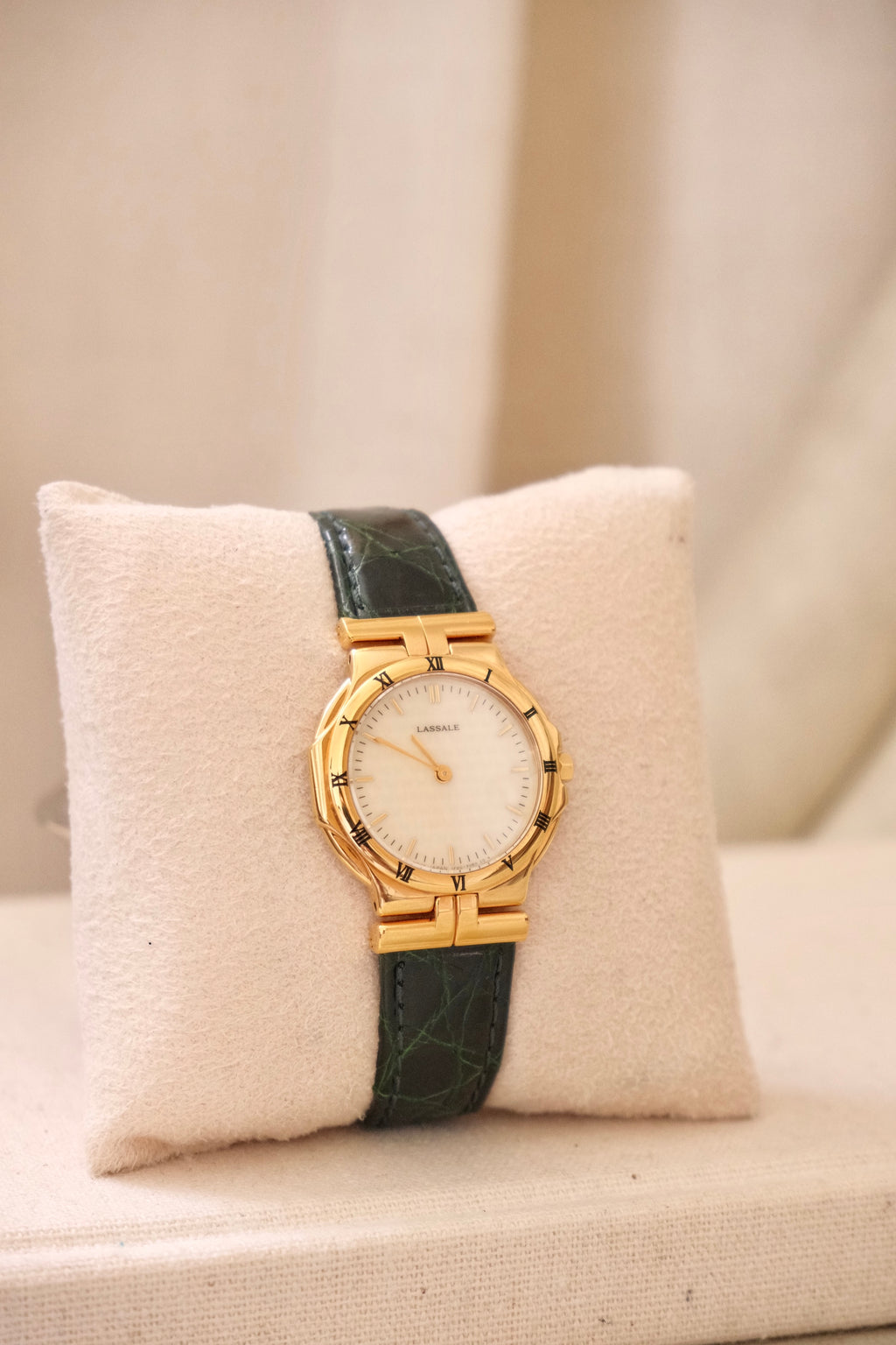 Vintage Seiko Lassale Ladies Watch, Gold Plated 1980s Ultra Thin Dress Watch Roman Numeral Bezel, Green Leather Strap