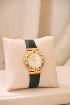 Vintage Seiko Lassale Ladies Watch, Gold Plated 1980s Ultra Thin Dress Watch Roman Numeral Bezel, Green Leather Strap