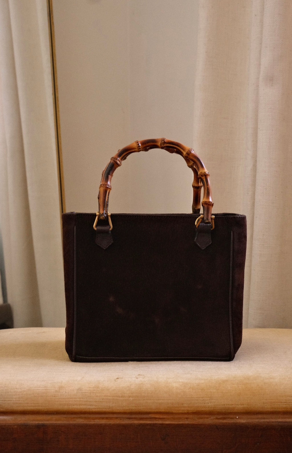 Vintage Gucci Bamboo Tote Bag Brown Suede with Bamboo Handles Circa 1980s