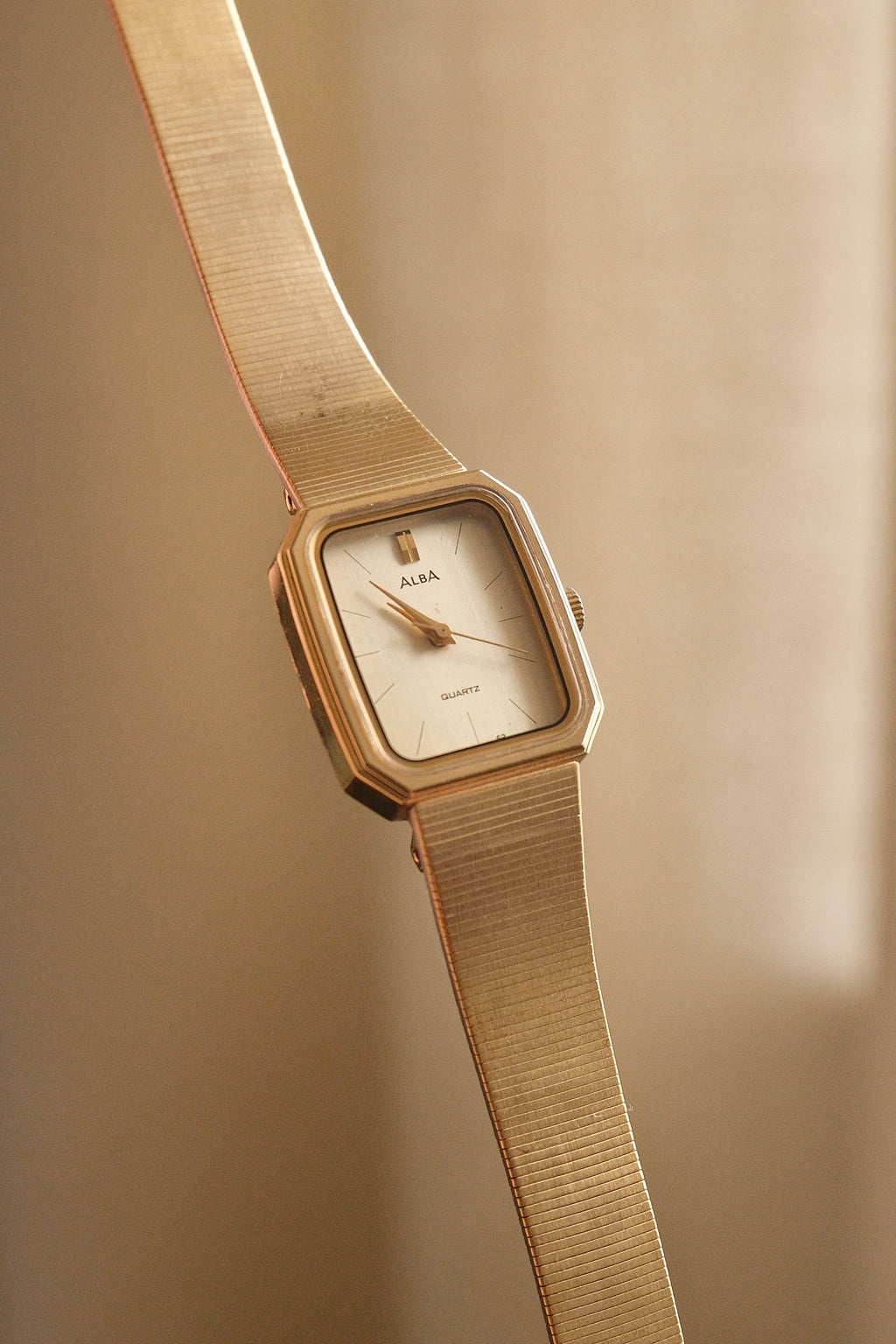 Vintage Alba Seiko Ladies Gold Watch Featuring an Octagonal case and a Textured link bracelet