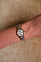 Vintage Ladies 1990s YSL Quartz Two Tone Watch - White & Silver Striped Dial