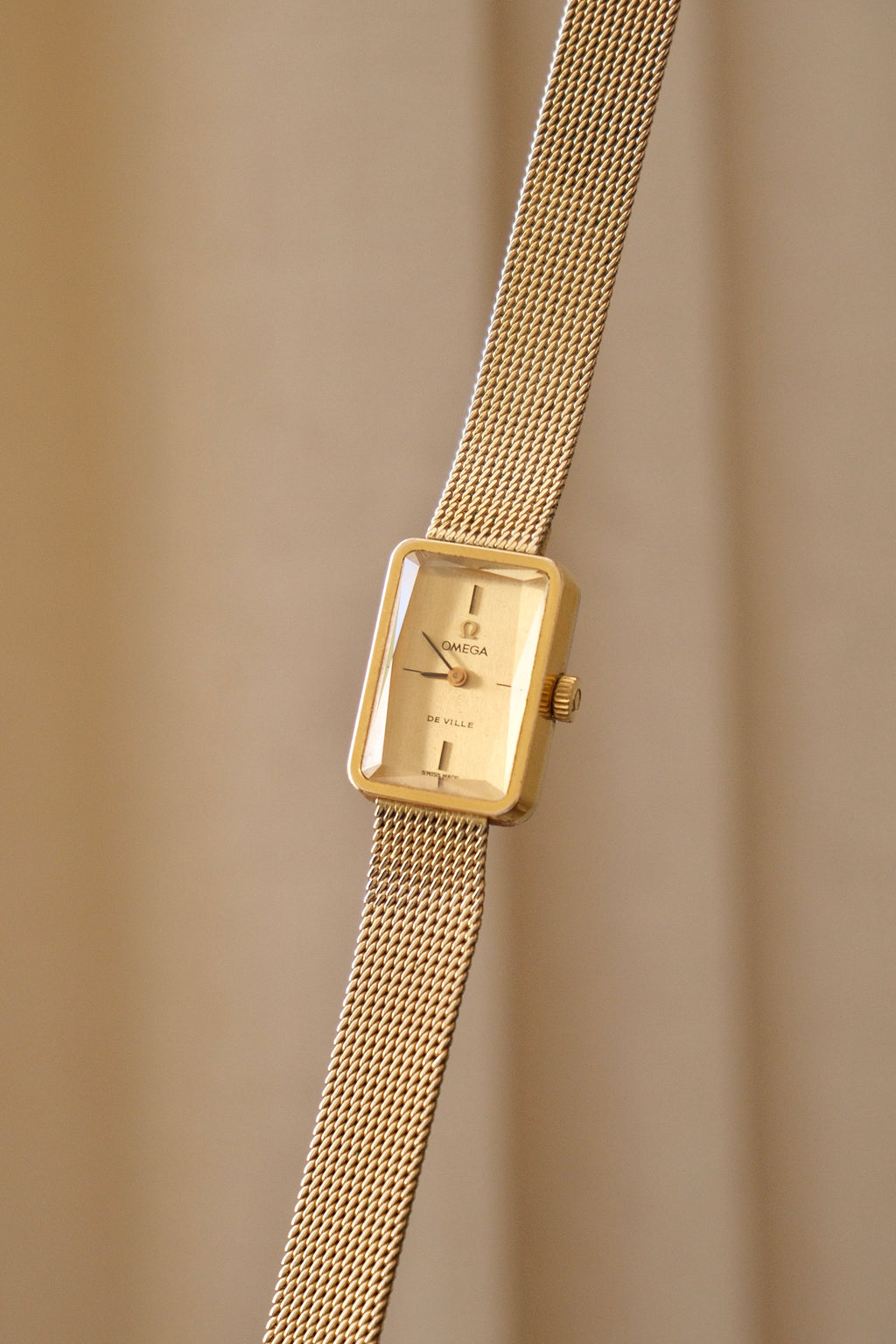 1970s Omega De Ville Manual Wind Gold Plated Tank Style Watch Mesh Strap, in Omega Box Working