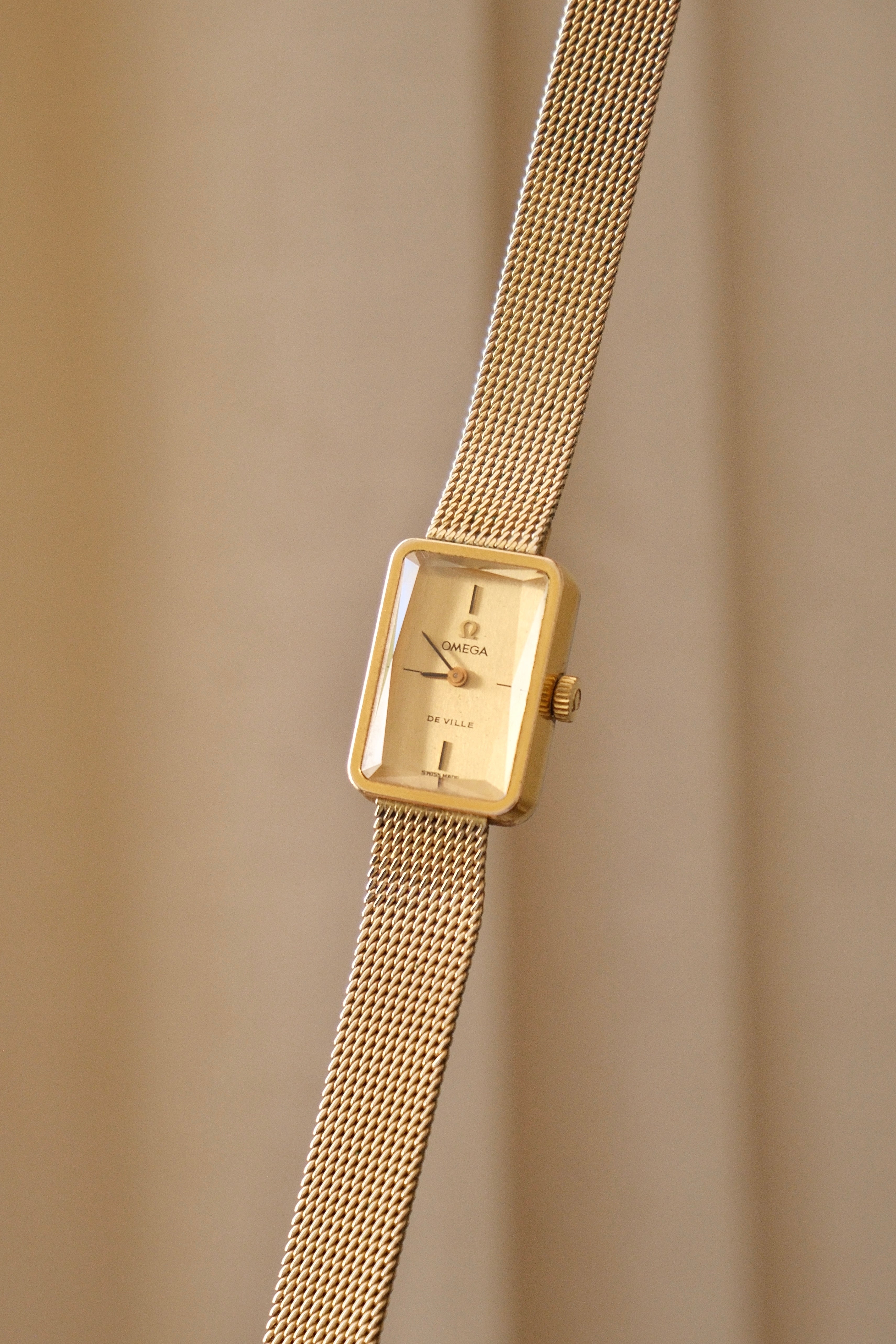 1970s Omega De Ville Manual Wind Gold Plated Tank Style Watch Mesh Strap, in Omega Box Working