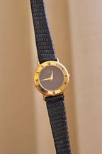 90s Ladies Gold-Plated Gucci 3000L Quartz Watch with Black Leather Strap in Box