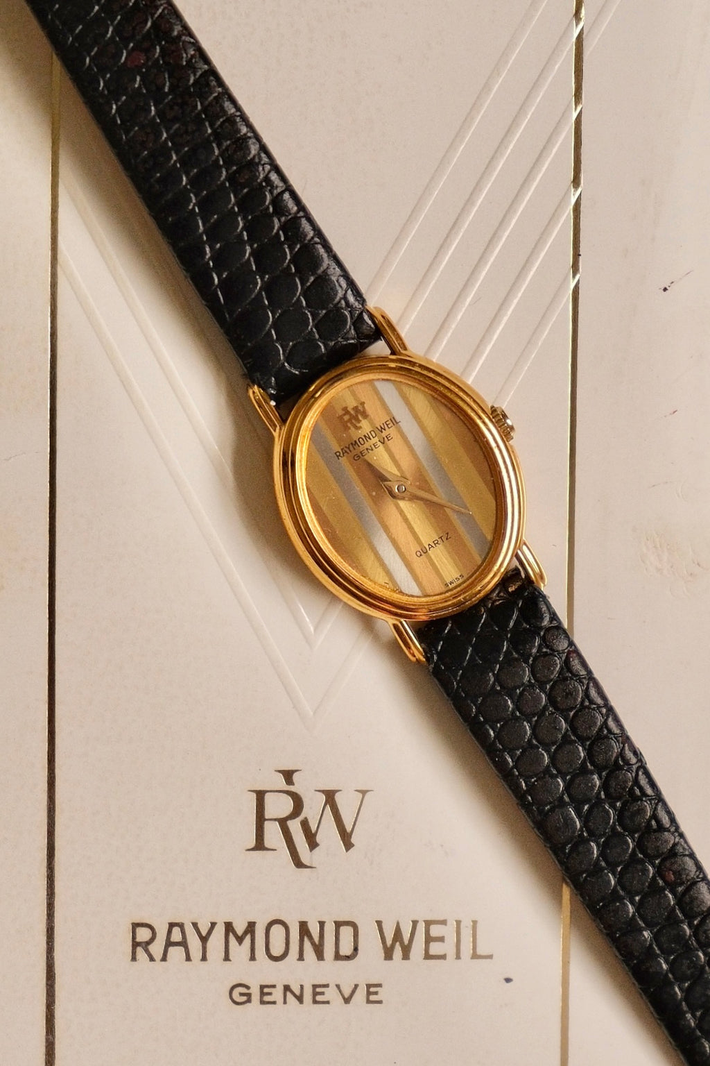 Rare Petite Vintage Ladies Raymond Weil Genève Tri Gold Watch 1987 Swiss Quartz Ladies Black Leather Strap with Papers